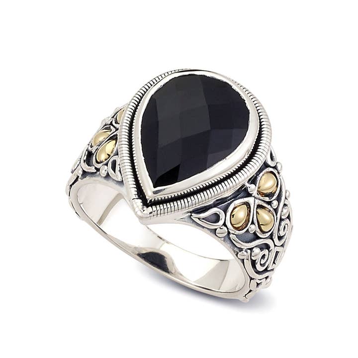 SS/18k Pear Shape Black Onyx Ring for wholesale by Eli Pebble