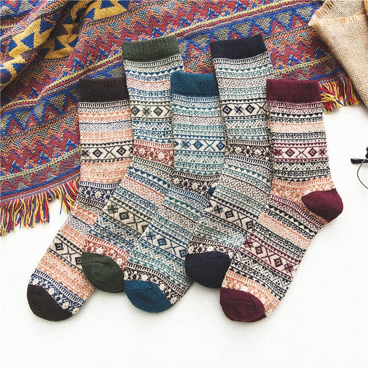 Funkyrel® Atzbranding Limited - Wholesale Socks - Unisex - Rufia - 5 Pairs Unisex Bohemian Wool Blend Socks
