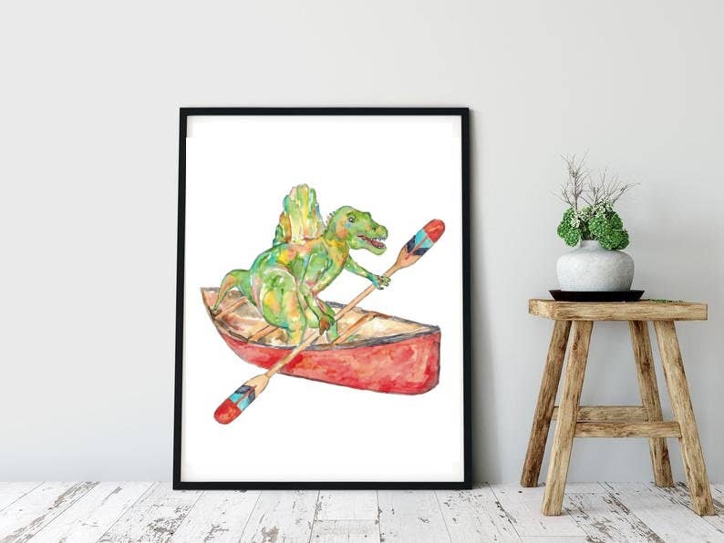Goodfairyart - Vente Affiche d'art - Spinosaure sur canoë, peinture de dinosaure, aquarelle2