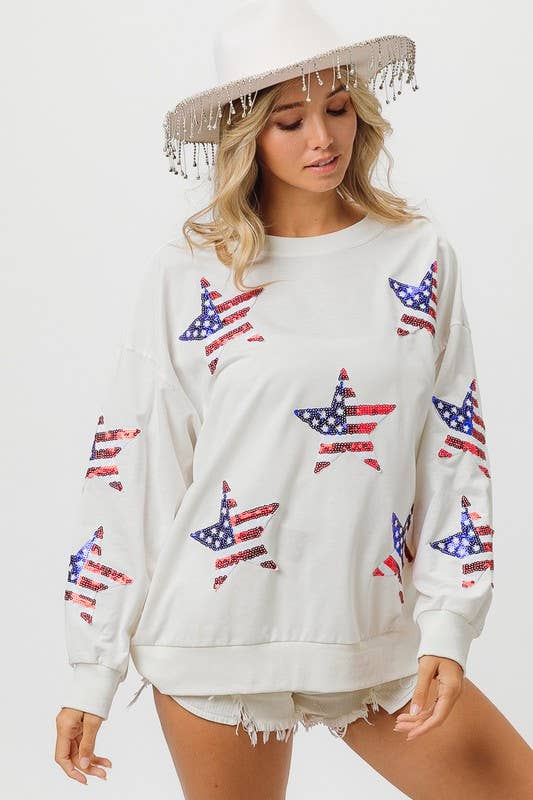 BLANC CASSÉ Pull en forme d'étoile à sequins avec drapeau américain en vente sur Faire3