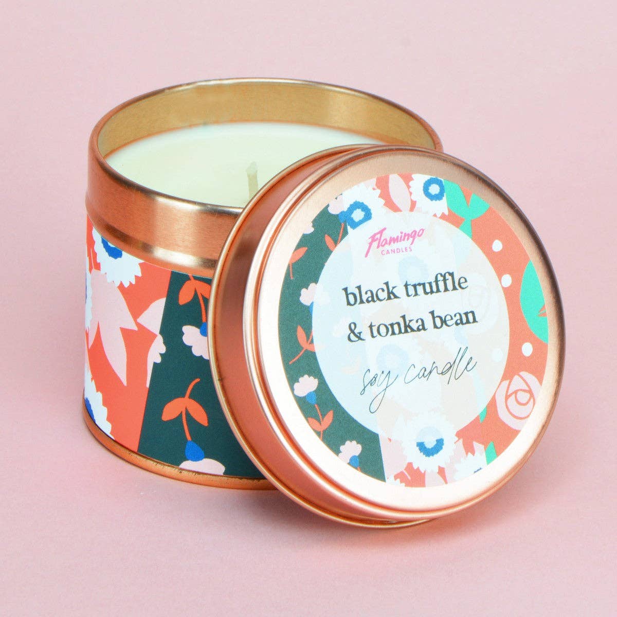 Flamingo Candles - Wholesale Travel Candles - Black Truffle & Tonka Bean Contrast Floral Print Rose Gold