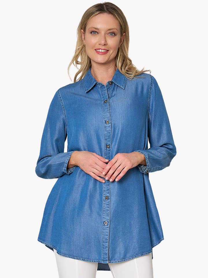 Women's Button-Front Shirt Top Denim Prime Time Tunic for wholesale by Stella Carakasi
