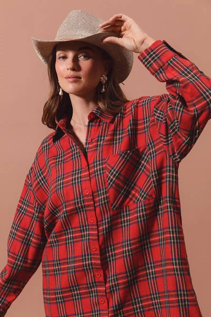 RED MULTI SO ME Christmas Checker Plaid Button Up Shirt Dress for wholesale on Faire3