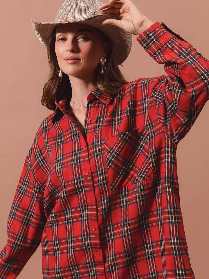 RED MULTI SO ME Christmas Checker Plaid Button Up Shirt Dress for wholesale on Faire3