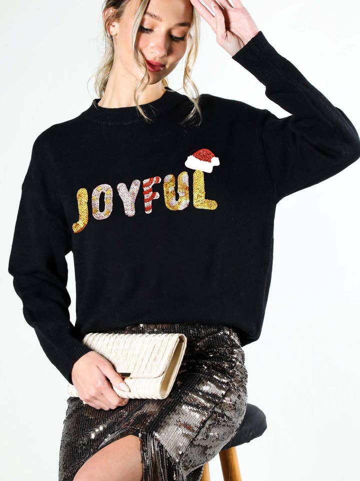 Joyful Colorful Letter Sequin Crew Neck Knit SweaterVT81520A for wholesale by Vine & Love