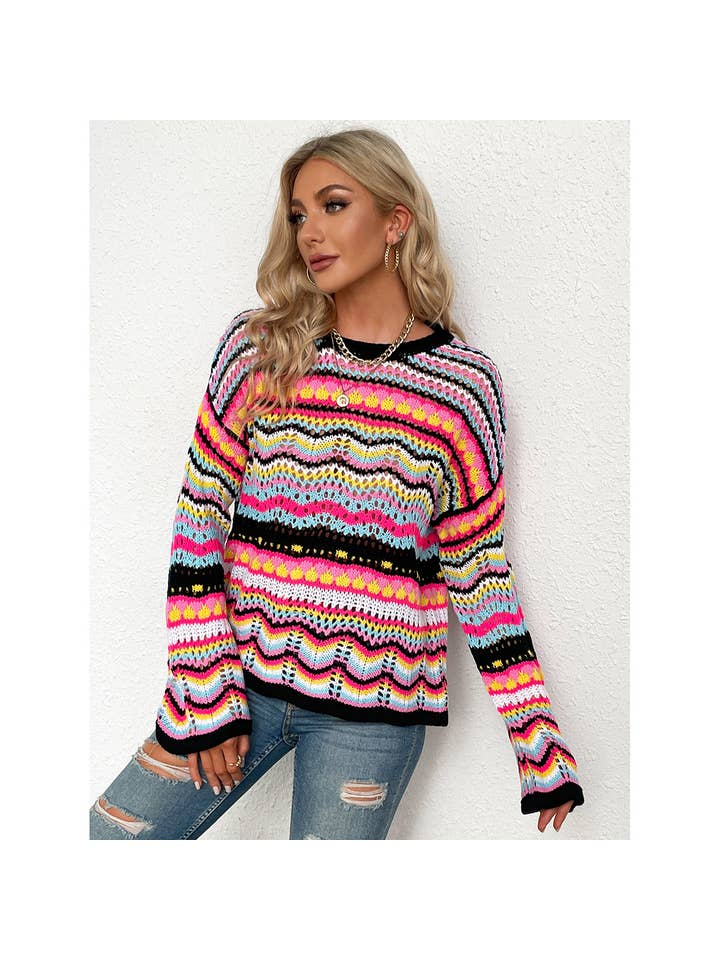 YNIQUE – Engroshandel Pullover - Dame – Kvinders stribe langærmet rund hals sweater toppe2