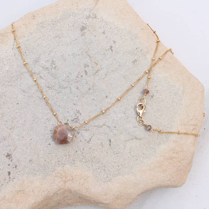 Moonstone Hexagon on Gold Filled Satellite Chain for wholesale by Plumage Jewelry