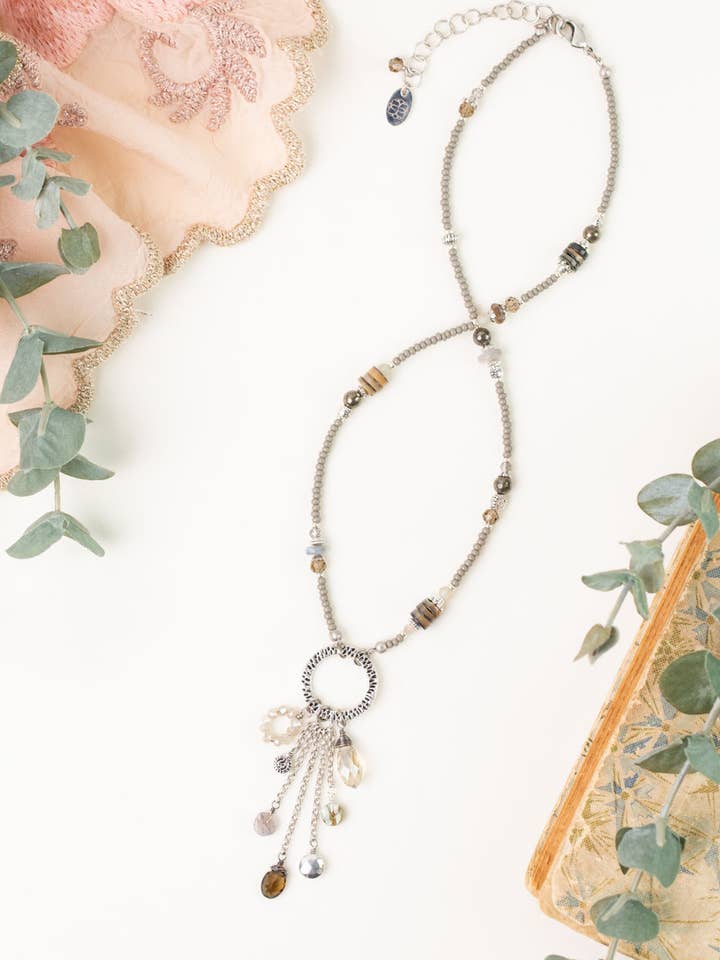 Windsor Castle 16-18" Pyrite, Crystal, Abalone Cluster Necklace for wholesale by Anne Vaughan Designs Jewelry