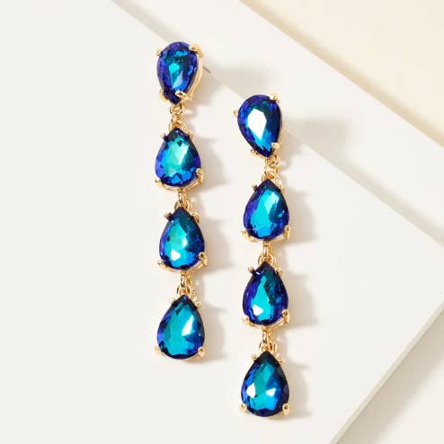 StarryNYC - Wholesale Dangle Earrings - Glass Stone Teardrop 4 Link Iridescent Crystal Earrings10