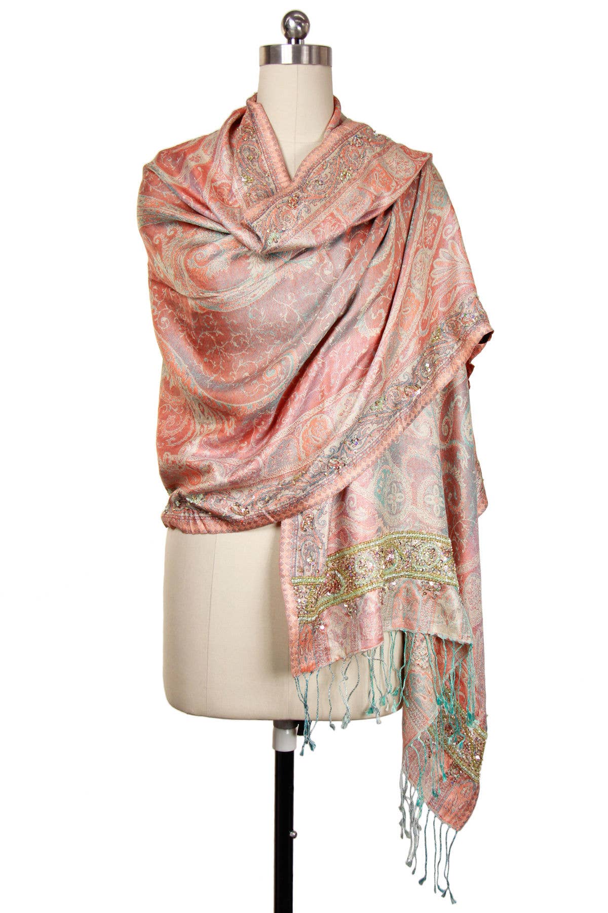 SAACHI - Wholesale Sjaal - Dames - Handgeborduurde Ikat wol en zijden sjaal met lange franje8