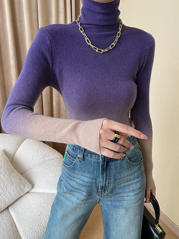 StyleGalX - Vente Pull en maille – femme - Pulls skinny à col haut dégradé à manches longues16