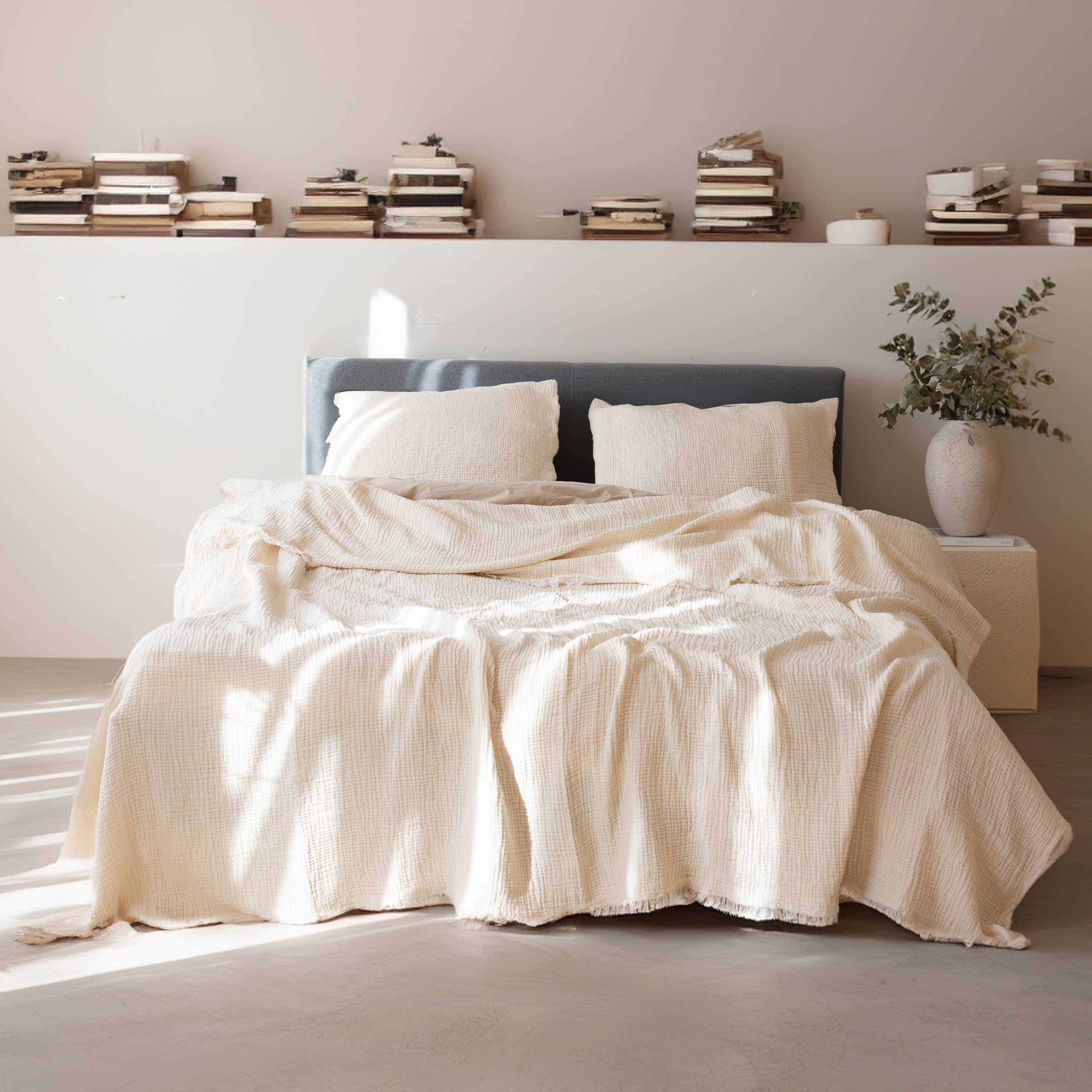 Vivamaison - Vente Plaids - Couvre-lit en mousseline frangé 100 % coton doux, 4 couches premium85