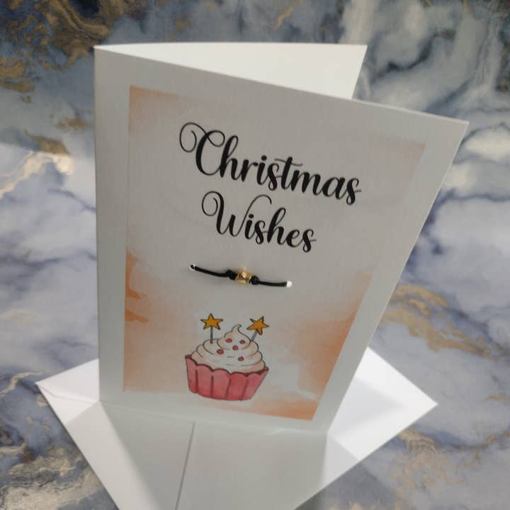 Cupcake Christmas Wishes Greeting Card with Wish Bracelet for wholesale by Rose Blossom Gifts