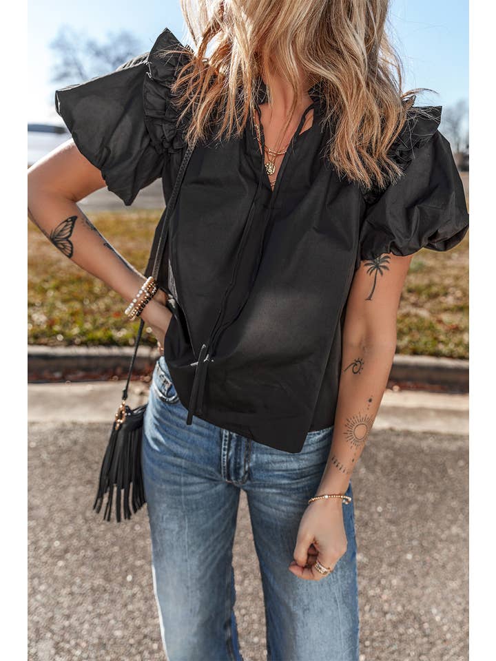 Black LDC Ruffled Puff Short Sleeve Loose Blouse for wholesale on Faire2