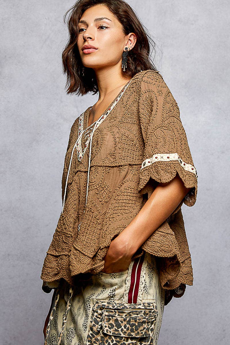 Pol Clothing - Wholesale Blouse - Women's - Short Sleeve Adjustable Drawstring Crochet V Neck Top12