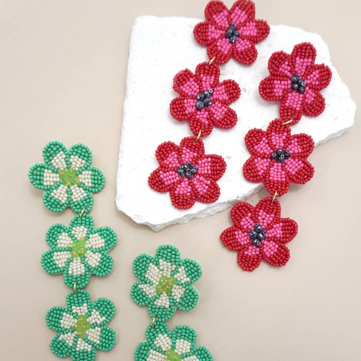 JOSSLYN by wall to wall - Wholesale Dangle Earrings - FLOWER TRIPLE DROP BEADED DROP EARRINGS 91E5647