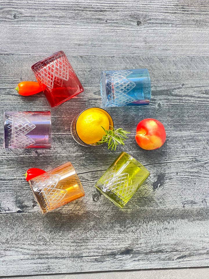 Set of 6 Drinking Color Glasses Carved Pyramid for wholesale by Scents and Feel