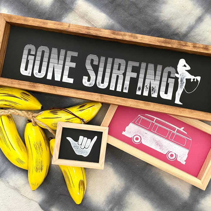 Gone Surfing Babe Wood Wall Art (More Colors) for wholesale by Southern Mesa Trading Co.