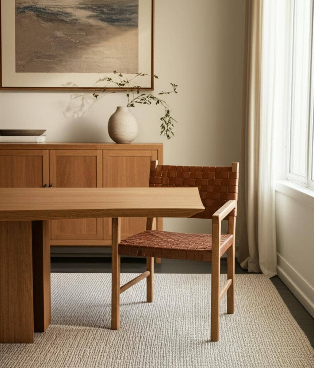 HomeRoots – Großhandel Stühle – Brauner geflochtener Leder- und Massivholz-Esszimmerstuhl mit Armlehnen1