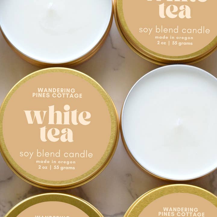 White Tea- 2 oz Gold Tin Travel Candle for wholesale by Wandering Pines Cottage