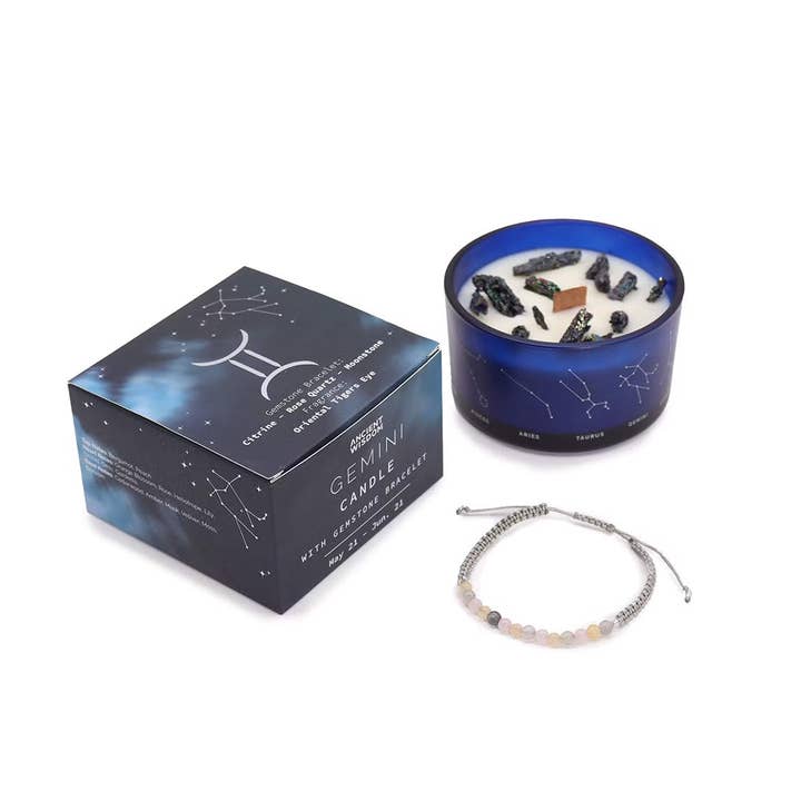 Zodiac Crystal Candle with Gemstone Bracelet - Gemini Ancient Wisdom for wholesale by Cardshouse