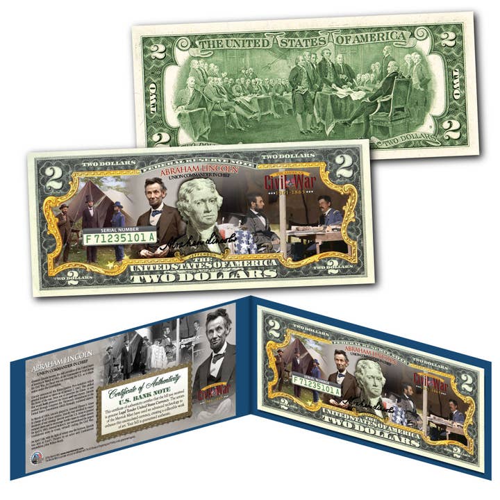 Guerra civile * Abraham Lincoln * Banconota da due dollari in valuta statunitense autentica - Spedizione veloce e gratuita negli Stati Uniti per la vendita all'ingrosso da parte di The Merrick Mint
