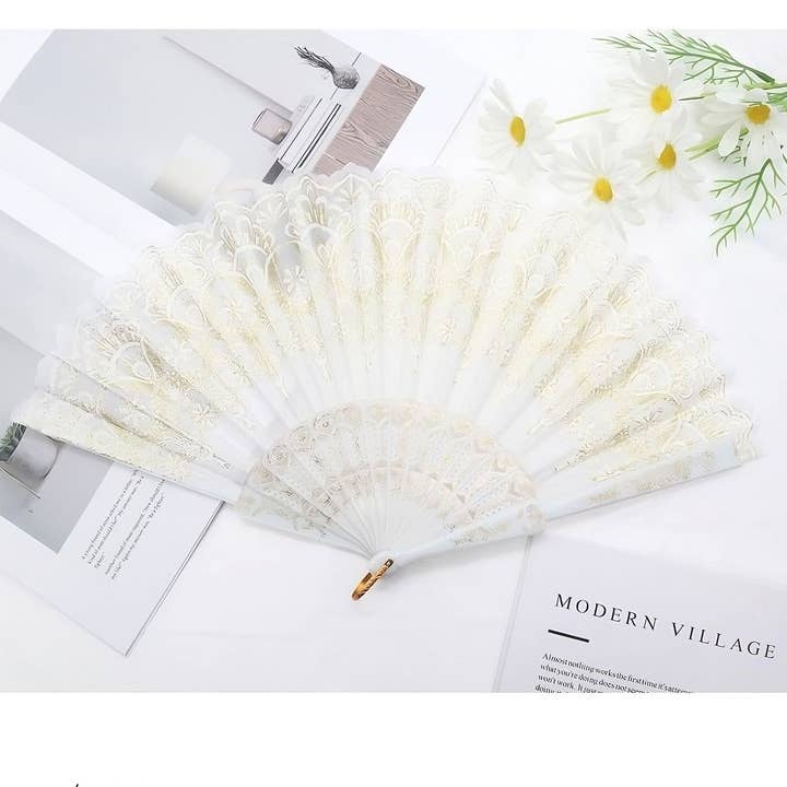 Diacly - Wholesale Handheld Folding Fan - 12pk Floral White Portable Fold Handheld Fan