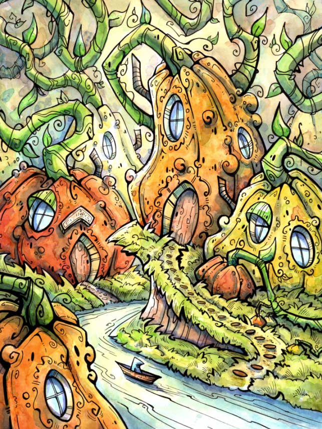 Postcard - Pumpkin Village for wholesale by Corinne Roberts Illustration