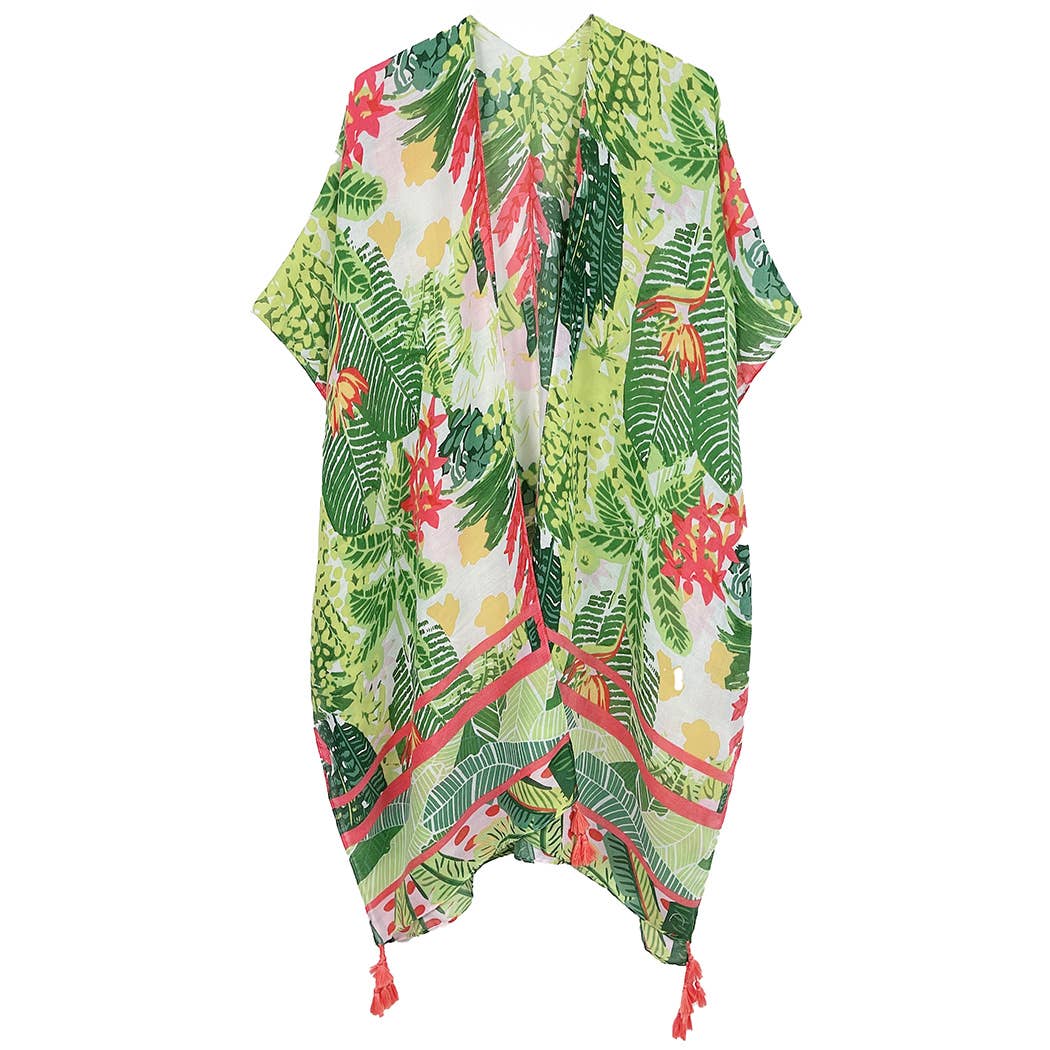 Fashion City - Vendita all'ingrosso Kimono - Donna - Copricostume kimono con nappine con stampa floreale tropicale5