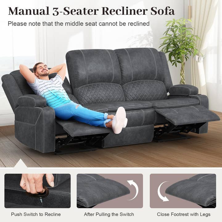 Grey Three Seater Manual Recliner Sofa Modern Living Room for wholesale on Faire7