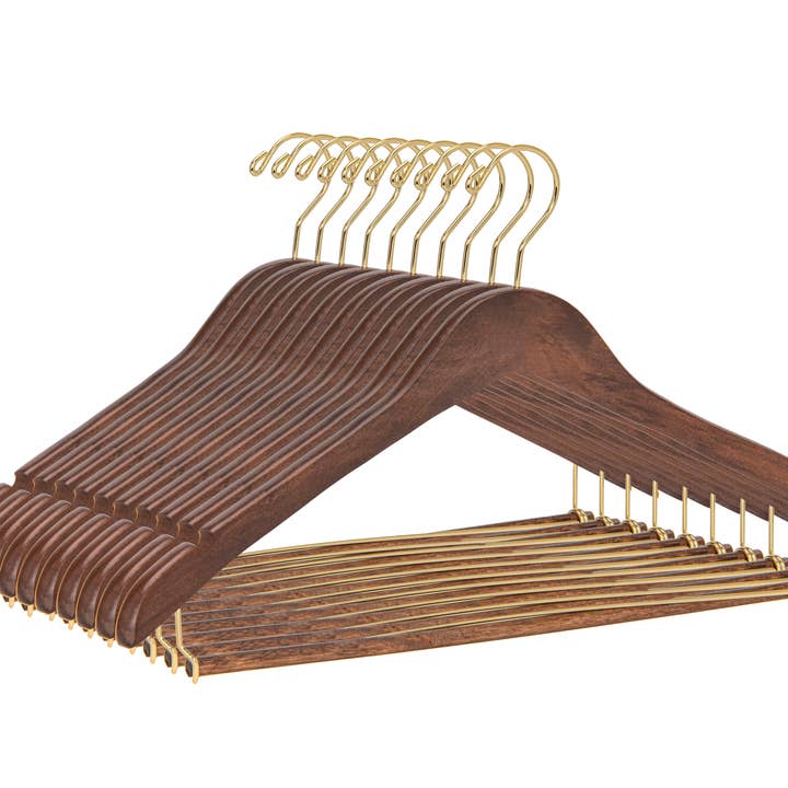 W014- Gebogen houten hanger 17" vergrendelingsbeugel walnoot-goud -60 voor wholesale door Quality Hangers