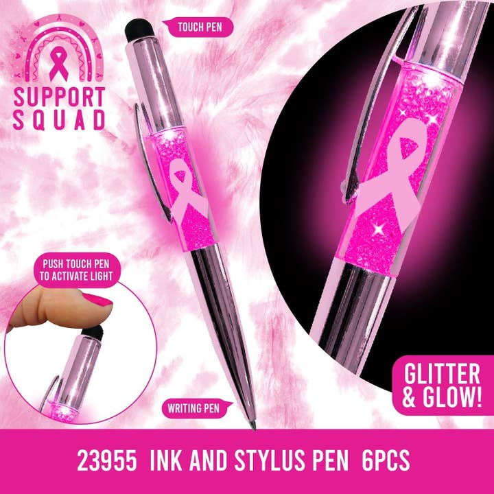 Novelty Closeout - Wholesale Pen - Glitter Pen Stylus Breast Cancer Awareness Assortment- 6/Pk