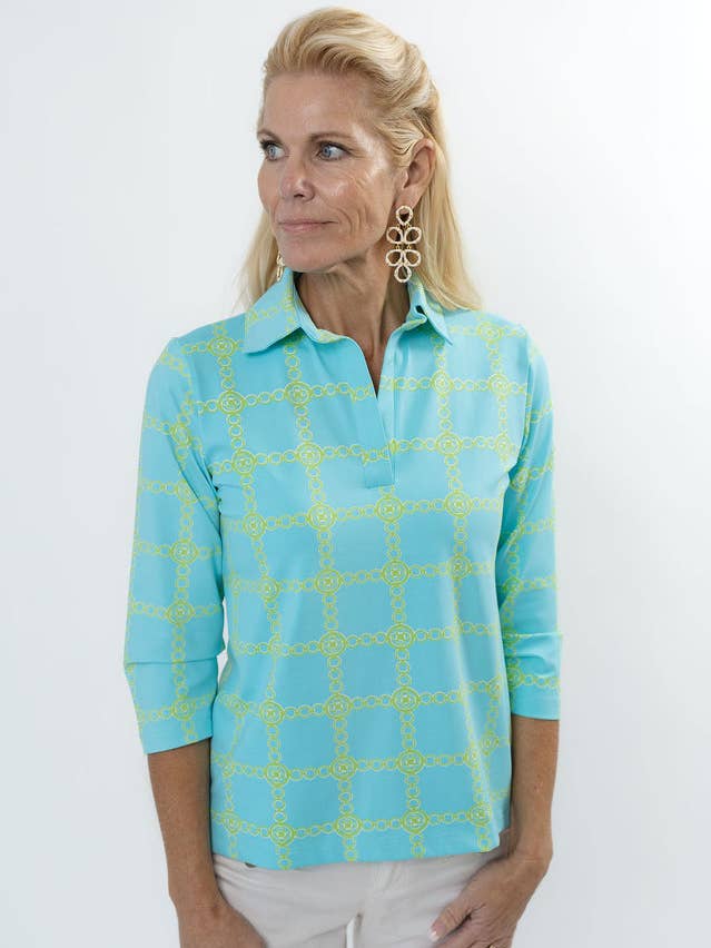 Top de Manga 3/4 Polo - Corrente de Medalhão - Azul/Verde por atacado de sailor-sailor