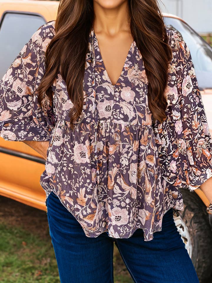 Fashion-W Boho Flower Print 3/4 Sleeve Babydoll Blouse for wholesale by fashionworks