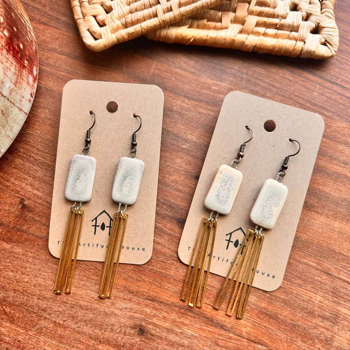 Woodfired Porcelain Earrings with Brass Additions for wholesale by The Artifact House