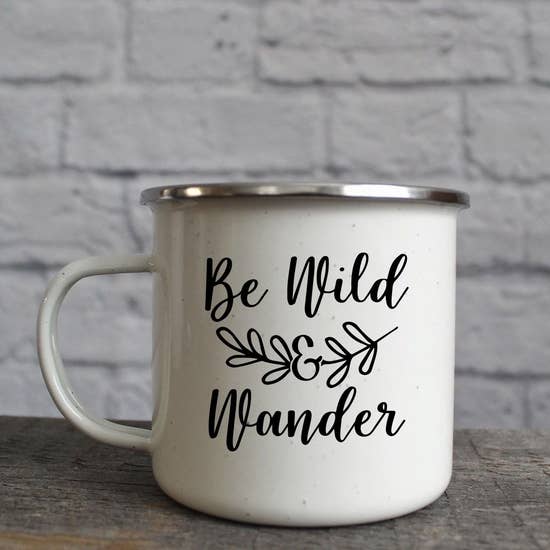 Be Wild & Wander Enamel Camp Campfire Mug for wholesale by Katie & Company