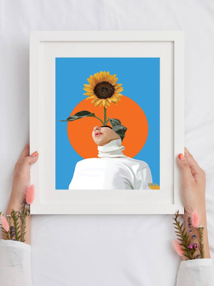 "Sunflower" Art Print with Blue Background for wholesale by Ella Bryden Design