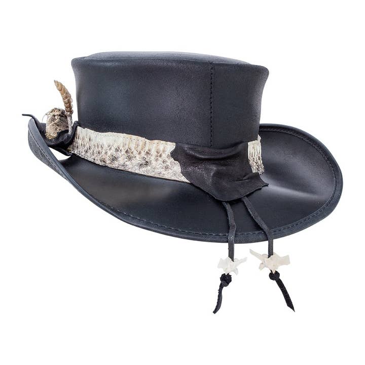 Black Finished Leather Top Hat - Style Pale Rider Rattlesnake Hat Band for wholesale on Faire
