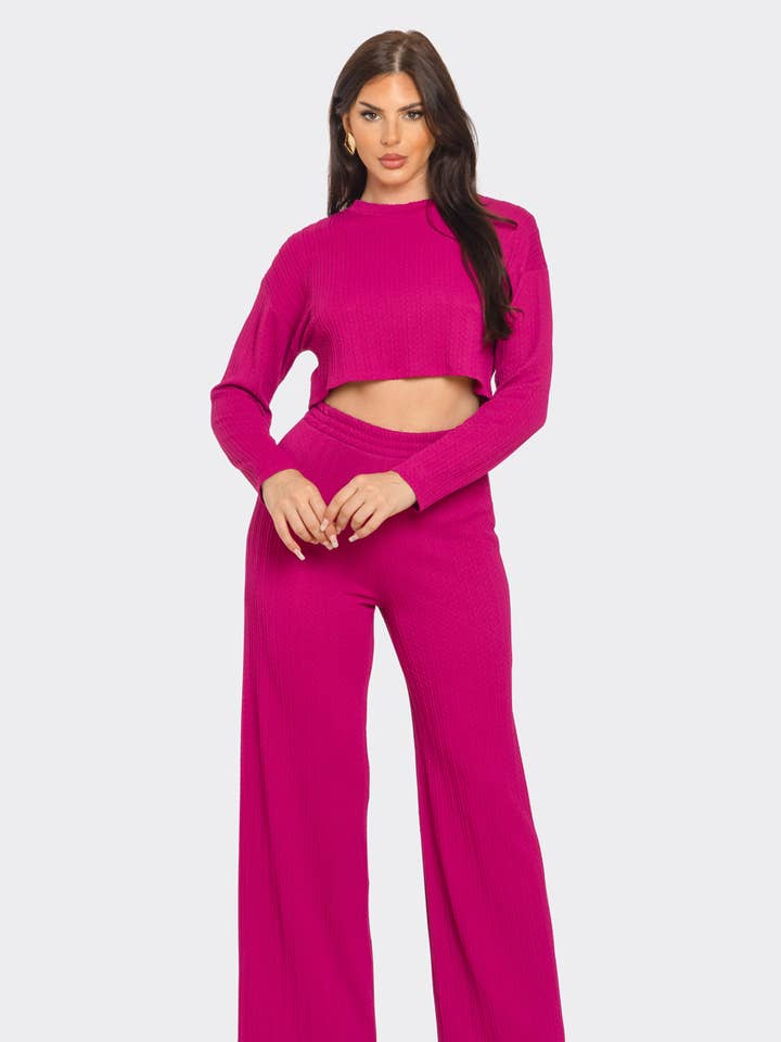 Julia by LoveJ - Wholesale Top & Pant Set (NOT Loungewear) - Women's - Braid Jacquard Round Neck Solid Top And Pants Set