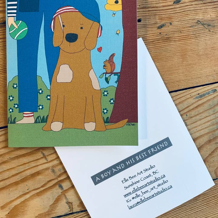 „En dreng og hans bedste ven“ lykønskningskort for engroshandel hos Elle Bee Art Studio