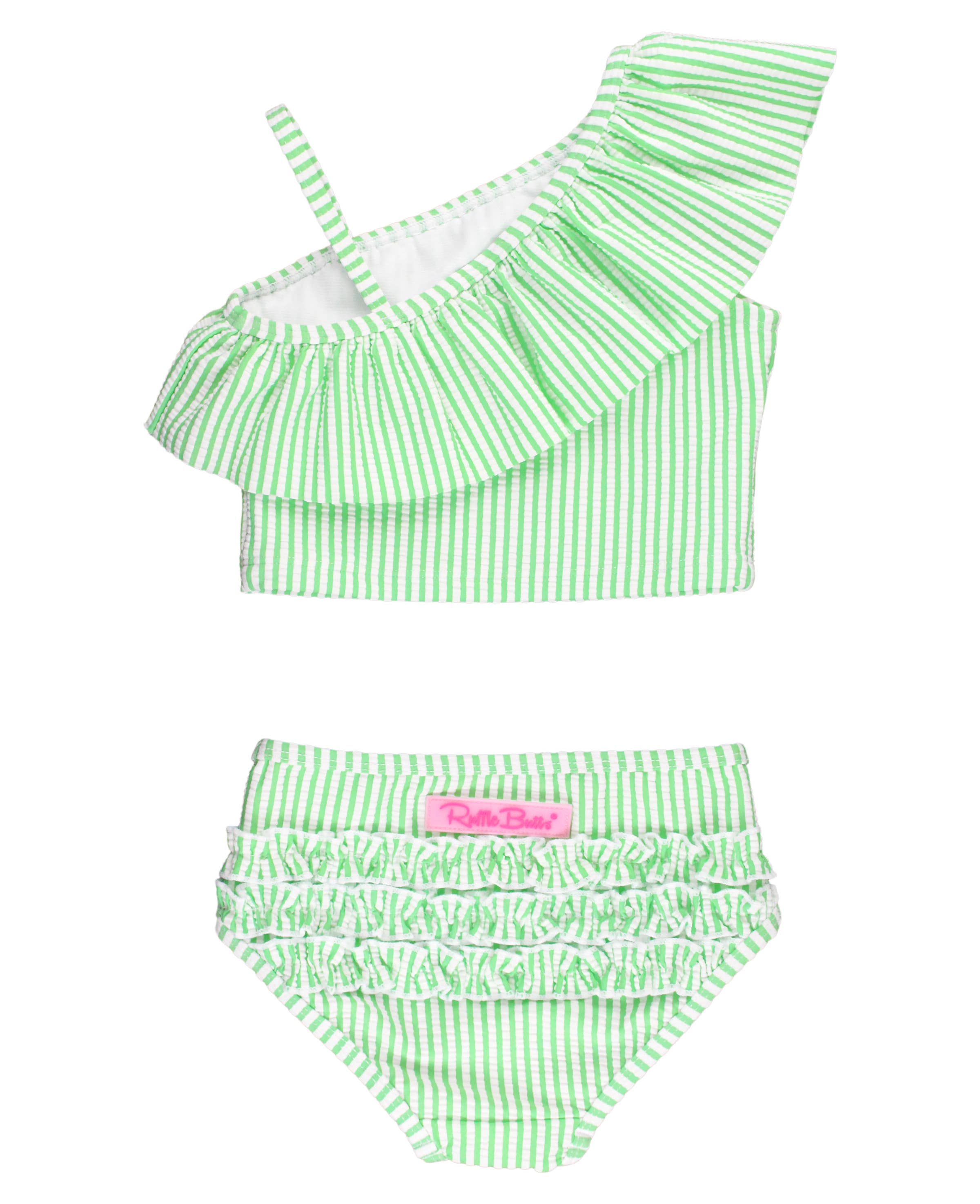 Grøn Piger Forårsgrøn Seersucker Én-skulder Flæse Tankini 2-delt Badedragt med Signatur Bagflæser for engroshandel på Faire7
