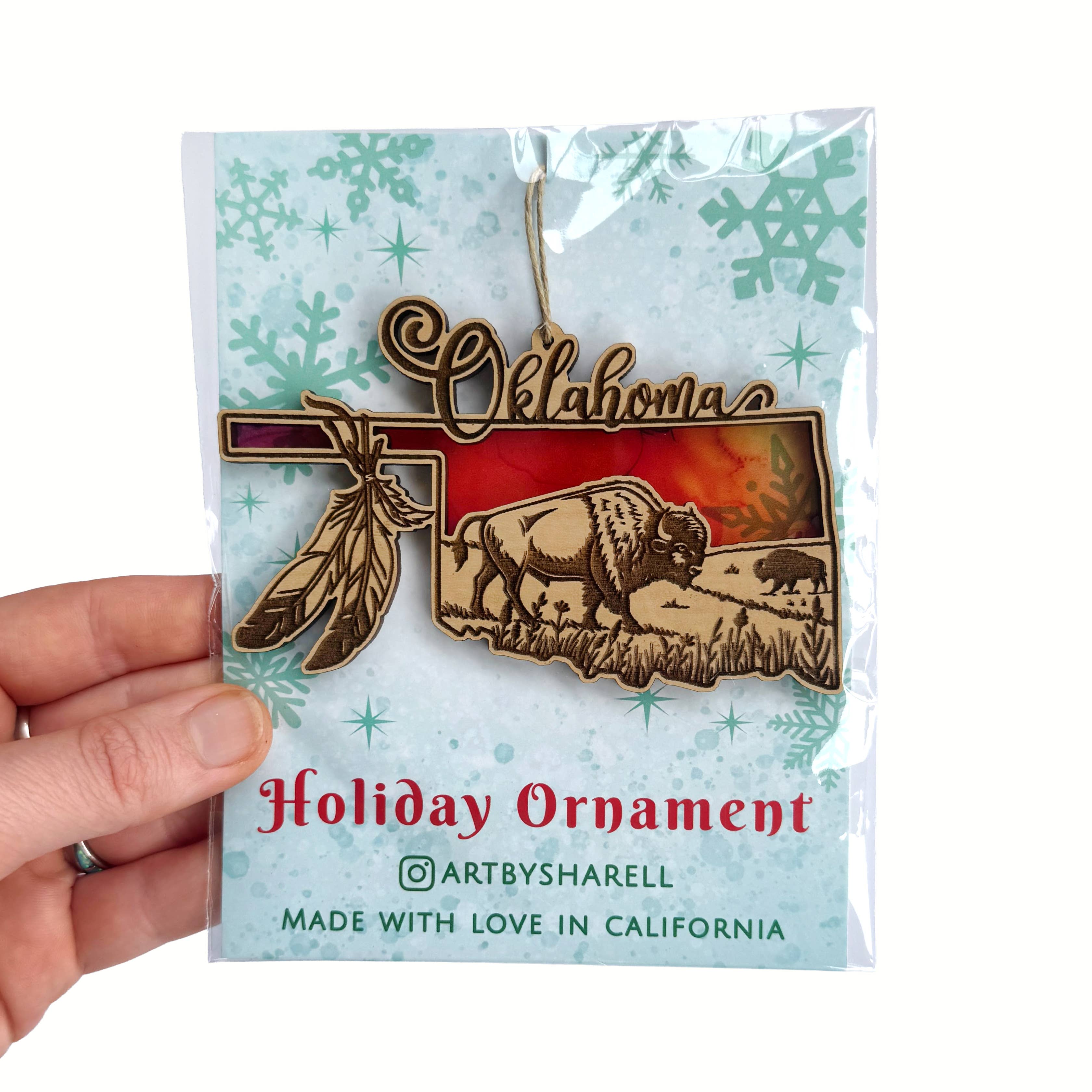 Art by Sharell - Wholesale Ornament Set - Oklahoma State Ornament, Bison Prairie Landscape Ornament 1