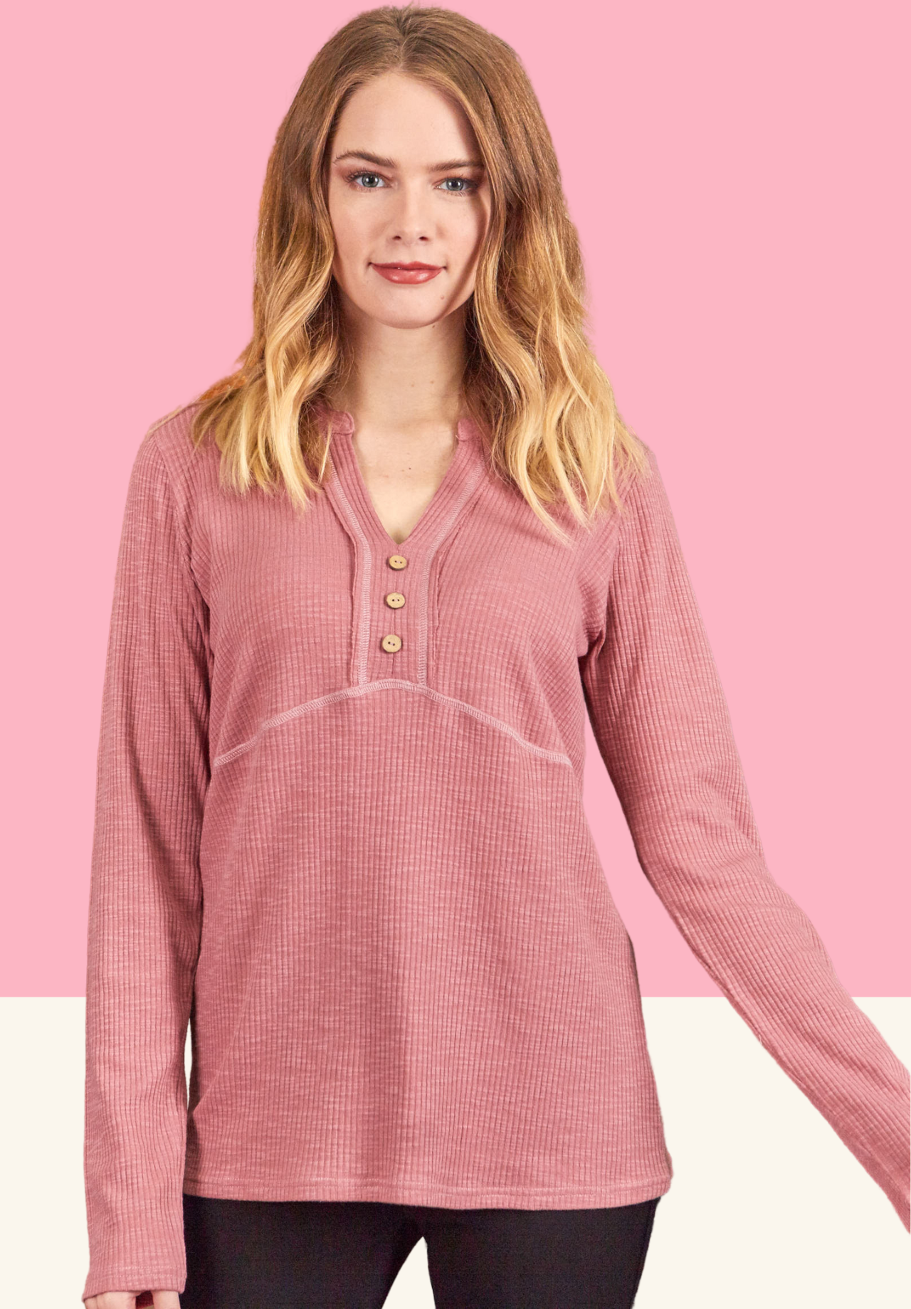 Rose Top côtelé bicolore à col en V 13007 en vente sur Faire0