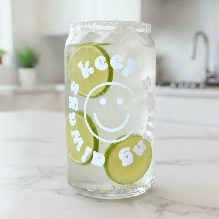 Can glass with print "always keep smiling" for wholesale by cool people club