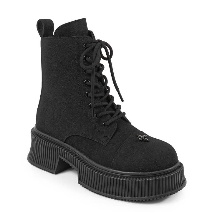 JUDAH-1 ROUND TOE LACE UP CROSS FLOWER DETAIL W/ANKLE DESERT BOOTI BLACK for wholesale by Liliana Shoes