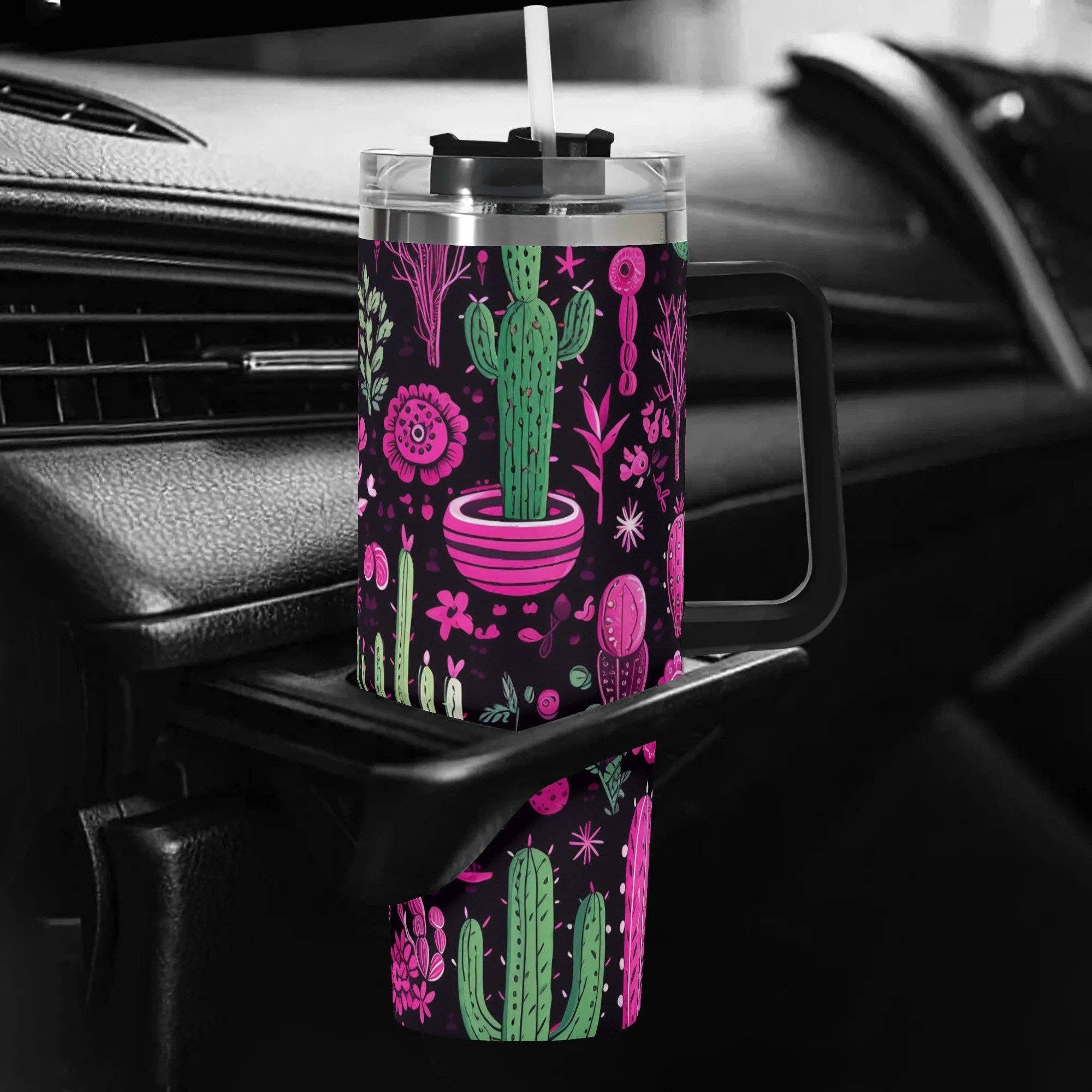 Grassy Creek Designs - Wholesale Insulated Mug/Tumbler - Neon Desert Blooms 40oz Stainless Steel Tumbler With Handle and Straw5