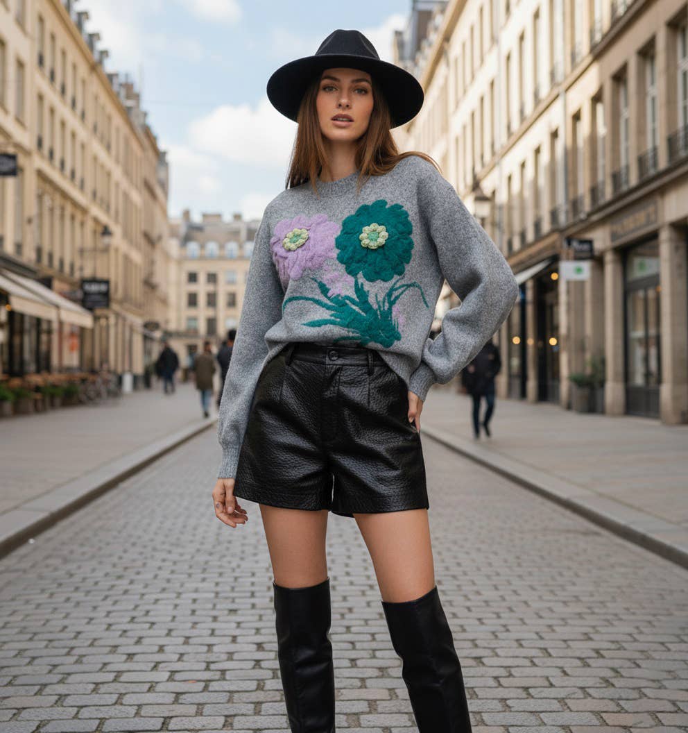 MOOYA - Wholesale Knit Sweater - Women's - Embroidered sweater with floral patterns - FM0020