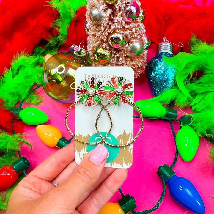 Taylor Shaye Designs - Wholesale Dangle Earrings - Red/Green Sequin Sunburst Hoops