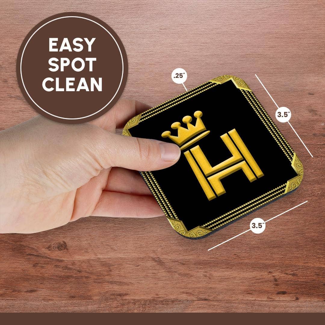 3dRose – wholesale Coasters – 3dRose, King, queen crown, rich frame. Yellow on black. Handsome letter H, Coaster13
