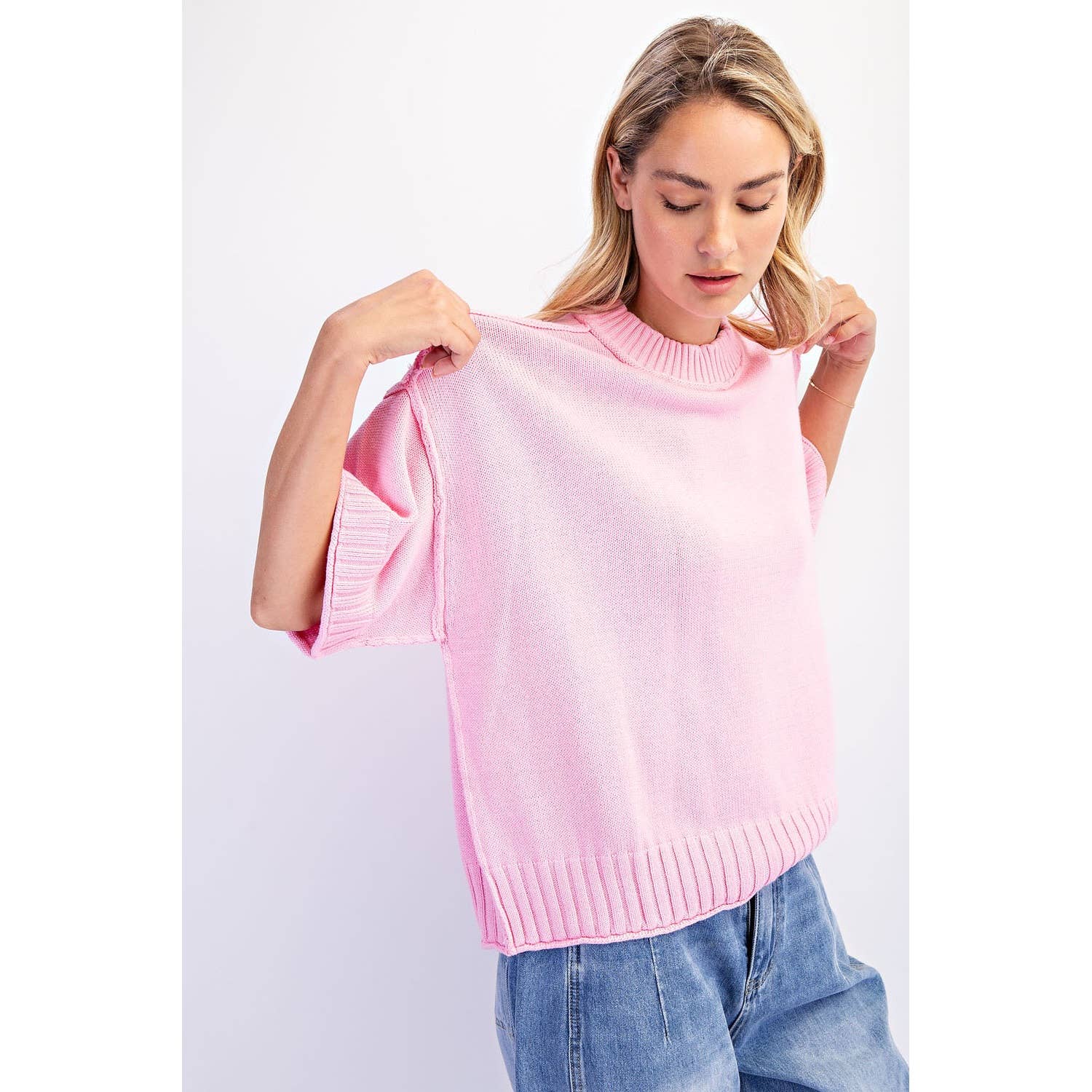 COTIERRA - Wholesale Knit Sweater - Women's - OVERSIZED CREWNECK SHORT SLEEVE SWEATER17